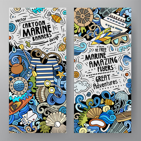 Cartoon vector doodle set of Marine banners templates. Corporate identity for the use on invitations, cards, apps, branding, flyers, greeting cards, postcards, web design. Funny colorful and line art illustration.のイラスト素材