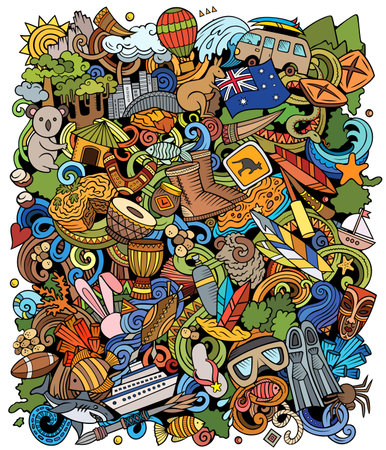 Australia cartoon doodle illustration. Funny Australian design. Creative vector background with Oceania Country elements and objects. Colorful compositionのイラスト素材
