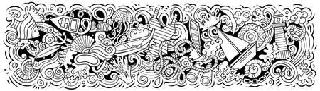 Cartoon cute hand drawn sketchy vector doodle Marine horizontal banner designのイラスト素材