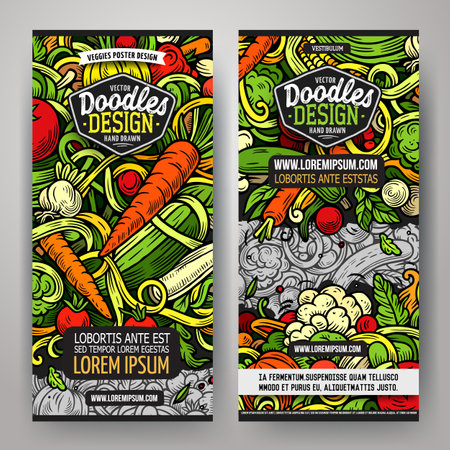Cartoon vector doodle set of Fresh Vegetables banners templates. Corporate identity for the use on apps, branding, flyers, web design. Funny veggies colorful illustration.のイラスト素材
