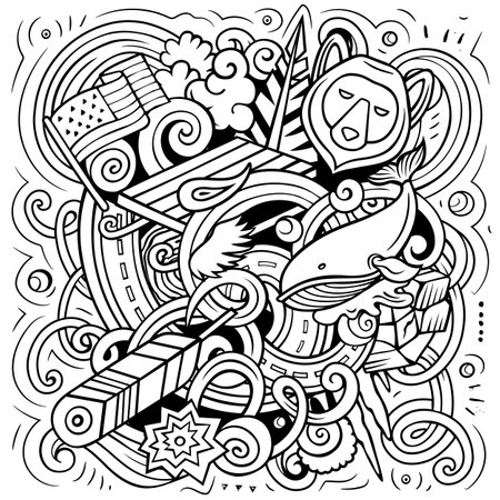 Alaska hand-drawn cartoon doodle illustration. Funny USA State design. Creative art vector background. Sketchy compositionのイラスト素材