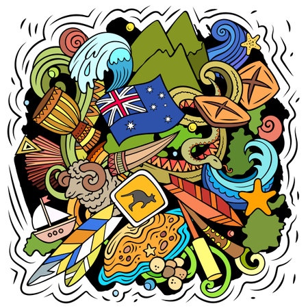 Australia cartoon vector doodle illutraditional symbols. Australian objects and symbolsのイラスト素材