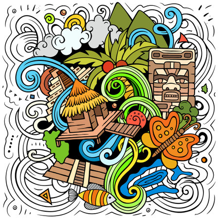 Vector funny doodle illustration with Belize theme. Colorful design, capturing the essence of Central America culture and traditions through playful cartoon symbolsのイラスト素材