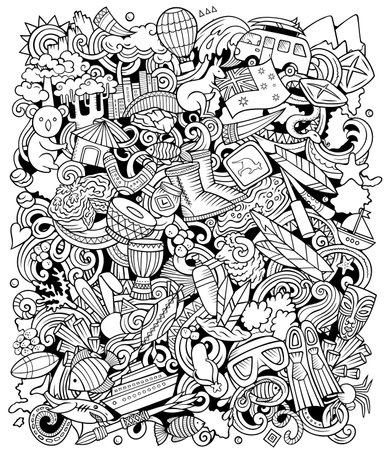 Australia cartoon doodle illustration. Funny Australian design. Creative vector background with Oceania Country elements and objectsのイラスト素材