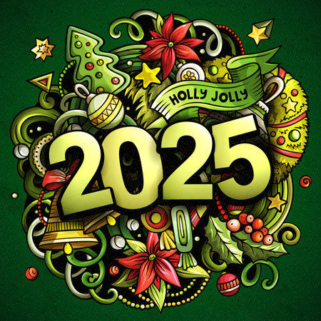 2025 doodles illustration. New Year objects and elements design. Creative cartoon holidays funny background. Colorful vector adorable artのイラスト素材
