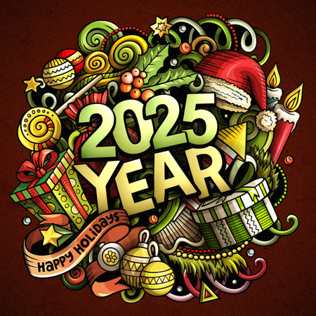 2025 doodles illustration. New Year objects and elements design. Creative cartoon holidays funny background. Colorful vector adorable artのイラスト素材