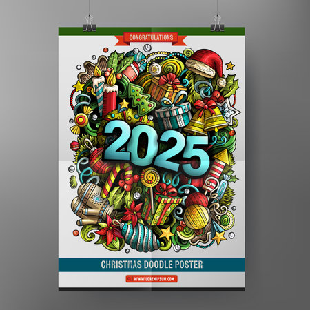 Cartoon colorful hand drawn doodles 2025 Happy New Year poster template. Very detailed illustration. Funny vector artwork. Corporate identity designのイラスト素材