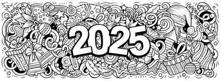 2025 doodles horizontal illustration. New Year objects and elements banner design. Creative cartoon winter holidays background. Colorful vector muralのイラスト素材