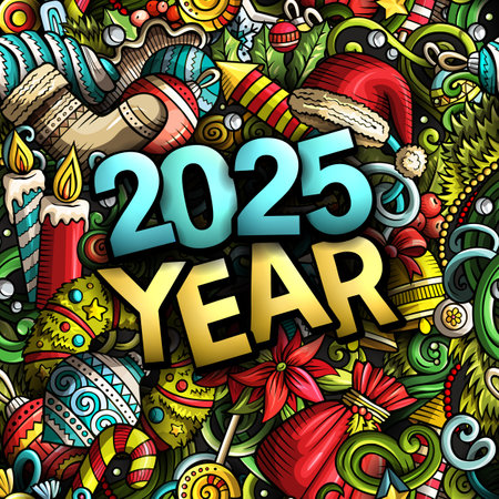 2025 doodles illustration. New Year objects and elements design. Creative cartoon holidays funny background. Colorful vector adorable artのイラスト素材