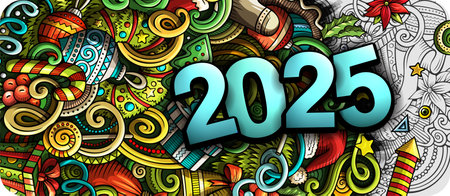 2025 doodles horizontal illustration. New Year objects and elements banner design. Creative cartoon winter holidays background. Colorful vector muralのイラスト素材
