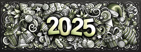 2025 doodles horizontal illustration. New Year objects and elements banner design. Creative cartoon winter holidays background. Colorful vector muralのイラスト素材
