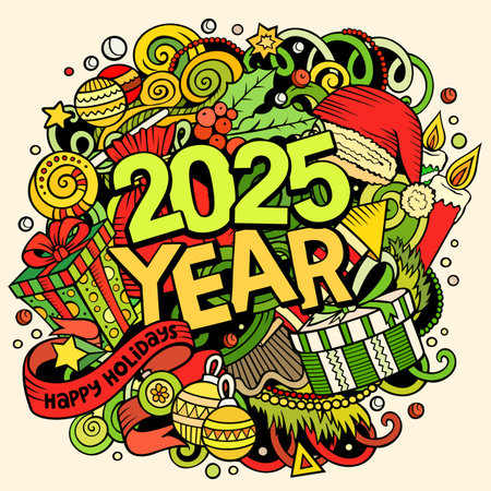 2025 doodles illustration. New Year objects and elements design. Creative cartoon holidays funny background. Colorful vector adorable artのイラスト素材