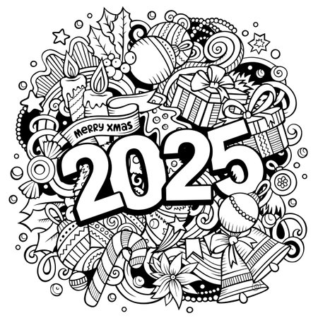 2025 doodles illustration. New Year objects and elements design. Creative cartoon holidays funny background. Colorful vector adorable artのイラスト素材
