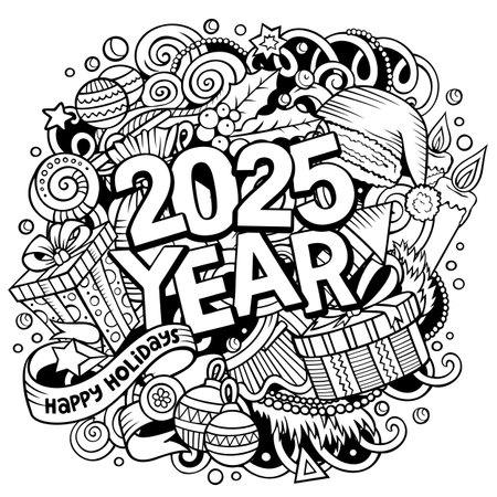 2025 doodles illustration. New Year objects and elements design. Creative cartoon holidays funny background. Colorful vector adorable artのイラスト素材