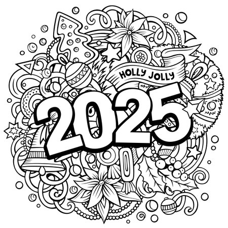 2025 doodles illustration. New Year objects and elements design. Creative cartoon holidays funny background. Colorful vector adorable artのイラスト素材