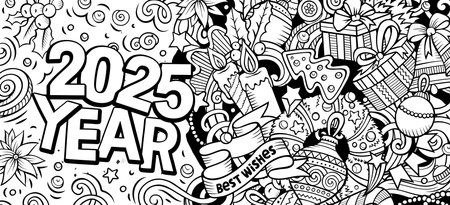 2025 doodles horizontal illustration. New Year objects and elements banner design. Creative cartoon winter holidays background. Colorful vector muralのイラスト素材