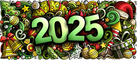 2025 doodles horizontal illustration. New Year objects and elements banner design. Creative cartoon winter holidays background. Colorful vector muralのイラスト素材
