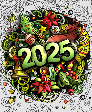 2025 doodles illustration. New Year objects and elements design. Creative cartoon holidays funny background. Colorful vector adorable artのイラスト素材