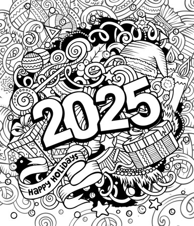 2025 doodles illustration. New Year objects and elements design. Creative cartoon holidays funny background. Colorful vector adorable artのイラスト素材