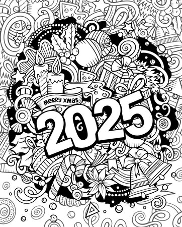 2025 doodles illustration. New Year objects and elements design. Creative cartoon holidays funny background. Colorful vector adorable artのイラスト素材