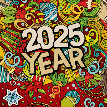 2025 doodles illustration. New Year objects and elements design. Creative cartoon holidays funny background. Colorful vector adorable artのイラスト素材