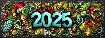 2025 doodles horizontal illustration. New Year objects and elements banner design. Creative cartoon winter holidays background. Colorful vector muralのイラスト素材