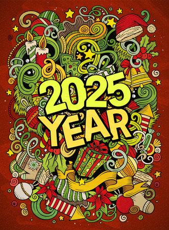 2025 doodles illustration. New Year objects and elements design. Creative cartoon holidays funny background. Colorful vector adorable artのイラスト素材