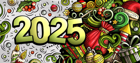 2025 doodles horizontal illustration. New Year objects and elements banner design. Creative cartoon winter holidays background. Colorful vector muralのイラスト素材