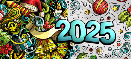 2025 doodles horizontal illustration. New Year objects and elements banner design. Creative cartoon winter holidays background. Colorful vector muralのイラスト素材