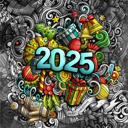 Doodles vector 2025 Happy New Year graphics illustration. Creative Merry Christmas grunge background. Colorful graffiti wallpaper.のイラスト素材