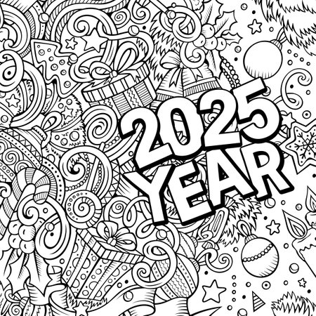 2025 doodles illustration. New Year objects and elements design. Creative cartoon holidays funny background. Colorful vector adorable artのイラスト素材