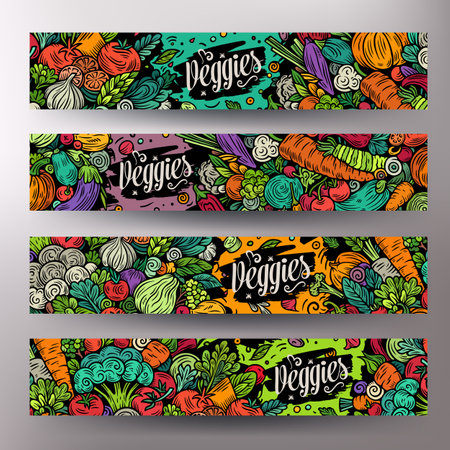 Cartoon vector doodle set of Fresh Vegetables banners templates. Corporate identity for the use on apps, branding, flyers, web design. Funny veggies colorful illustration.のイラスト素材
