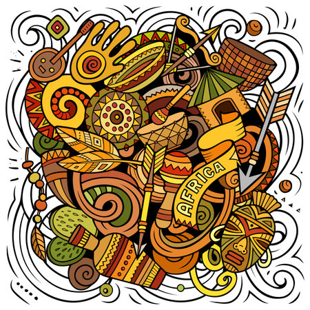 Africa hand drawn cartoon doodles illustration. Funny travel design. Creative art vector background. African symbols, elements and objects. Colorful compositionのイラスト素材