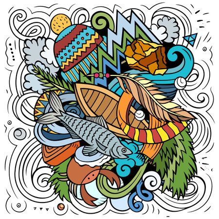 Alaska hand-drawn cartoon doodle illustration. Funny USA State design. Creative art vector background. Colorful compositionのイラスト素材
