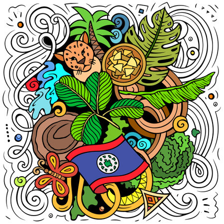 Vector funny doodle illustration with Belize theme. Colorful design, capturing the essence of Central America culture and traditions through playful cartoon symbolsのイラスト素材