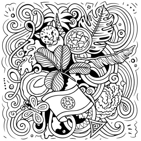 Vector funny doodle illustration with Belize theme. Sketchy design, capturing the essence of Central America culture and traditions through playful cartoon symbolsのイラスト素材