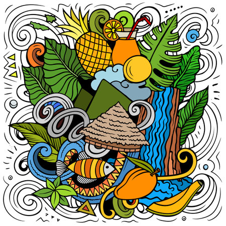 Bora-Bora cartoon doodle illustration. Creative funny vector background with French Polynesia elements and objects. Colorful compositionのイラスト素材