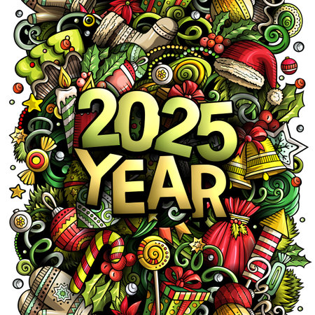 2025 doodles illustration. New Year objects and elements design. Creative cartoon holidays funny background. Colorful vector adorable artのイラスト素材