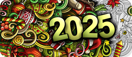 2025 doodles horizontal illustration. New Year objects and elements banner design. Creative cartoon winter holidays background. Colorful vector muralのイラスト素材