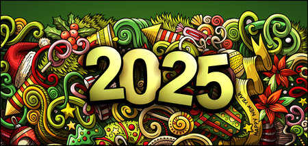 2025 doodles horizontal illustration. New Year objects and elements banner design. Creative cartoon winter holidays background. Colorful vector muralのイラスト素材