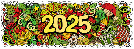 2025 doodles horizontal illustration. New Year objects and elements banner design. Creative cartoon winter holidays background. Colorful vector muralのイラスト素材