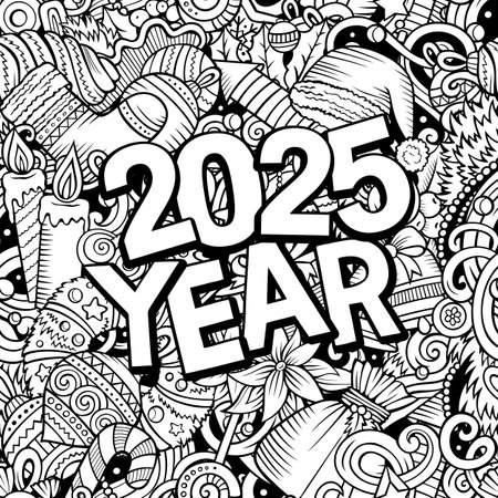 2025 doodles illustration. New Year objects and elements design. Creative cartoon holidays funny background. Colorful vector adorable artのイラスト素材