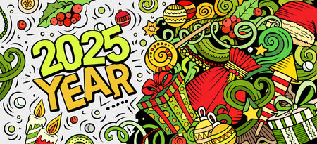 2025 doodles horizontal illustration. New Year objects and elements banner design. Creative cartoon winter holidays background. Colorful vector muralのイラスト素材