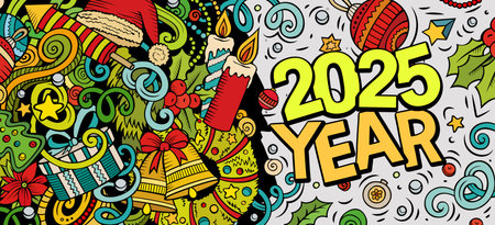2025 doodles horizontal illustration. New Year objects and elements banner design. Creative cartoon winter holidays background. Colorful vector muralのイラスト素材