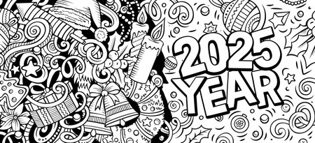 2025 doodles horizontal illustration. New Year objects and elements banner design. Creative cartoon winter holidays background. Colorful vector muralのイラスト素材