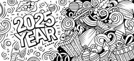 2025 doodles horizontal illustration. New Year objects and elements banner design. Creative cartoon winter holidays background. Colorful vector muralのイラスト素材