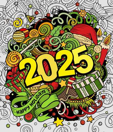 2025 doodles illustration. New Year objects and elements design. Creative cartoon holidays funny background. Colorful vector adorable artのイラスト素材