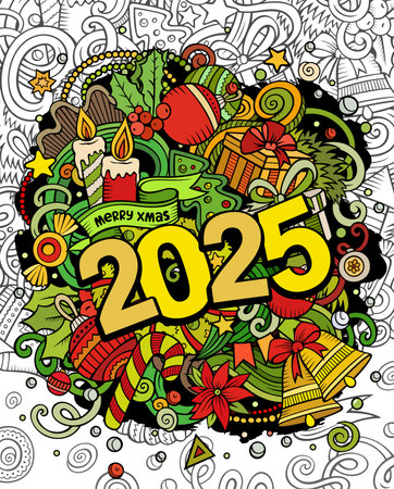 2025 doodles illustration. New Year objects and elements design. Creative cartoon holidays funny background. Colorful vector adorable artのイラスト素材