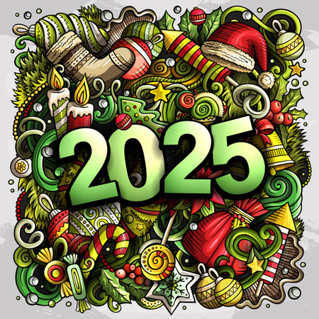 2025 doodles illustration. New Year objects and elements design. Creative cartoon holidays funny background. Colorful vector adorable artのイラスト素材