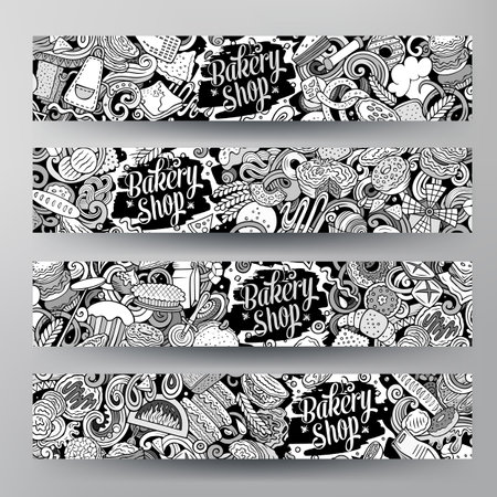 Cartoon vector doodle set of Bakery corporate identity templates. Funny Bakehouse sketchy banners designのイラスト素材